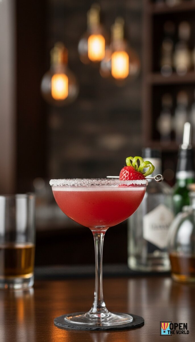 Bright pink Strawberry Kiss Martini in a sleek martini glass garnished with a fresh strawberry and a twist of lime.