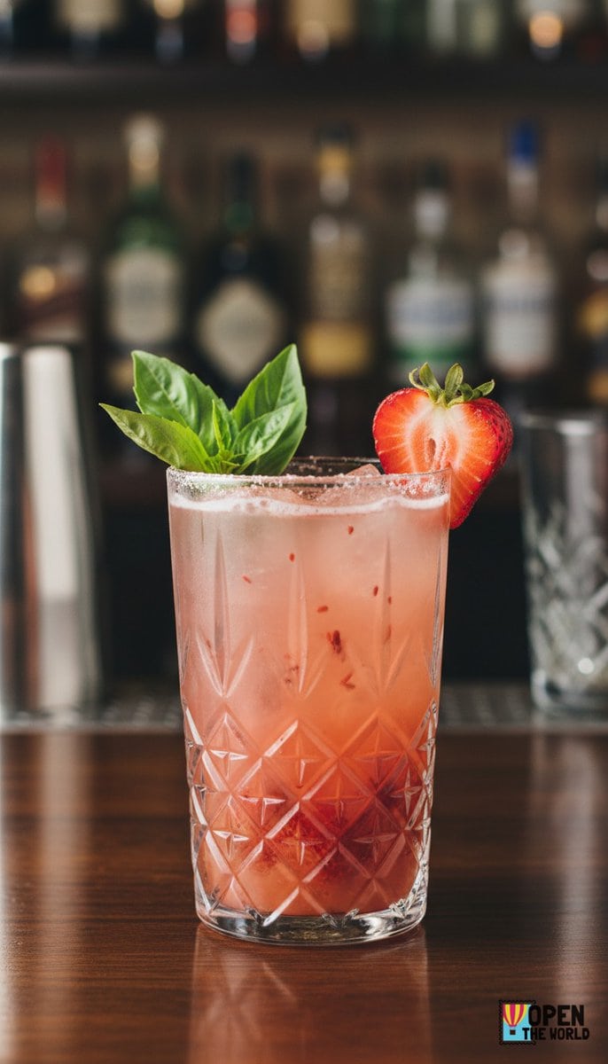 A vibrant Strawberry Basil Gin Smash in a tall glass is filled with ice, garnished with fresh strawberries and basil leaves.