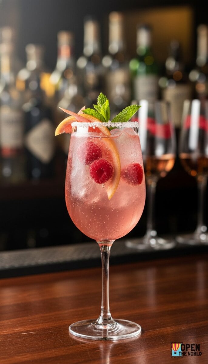 Raspberry Rosé Spritzer in a tall glass with ice, garnished with fresh raspberries and a sprig of mint.