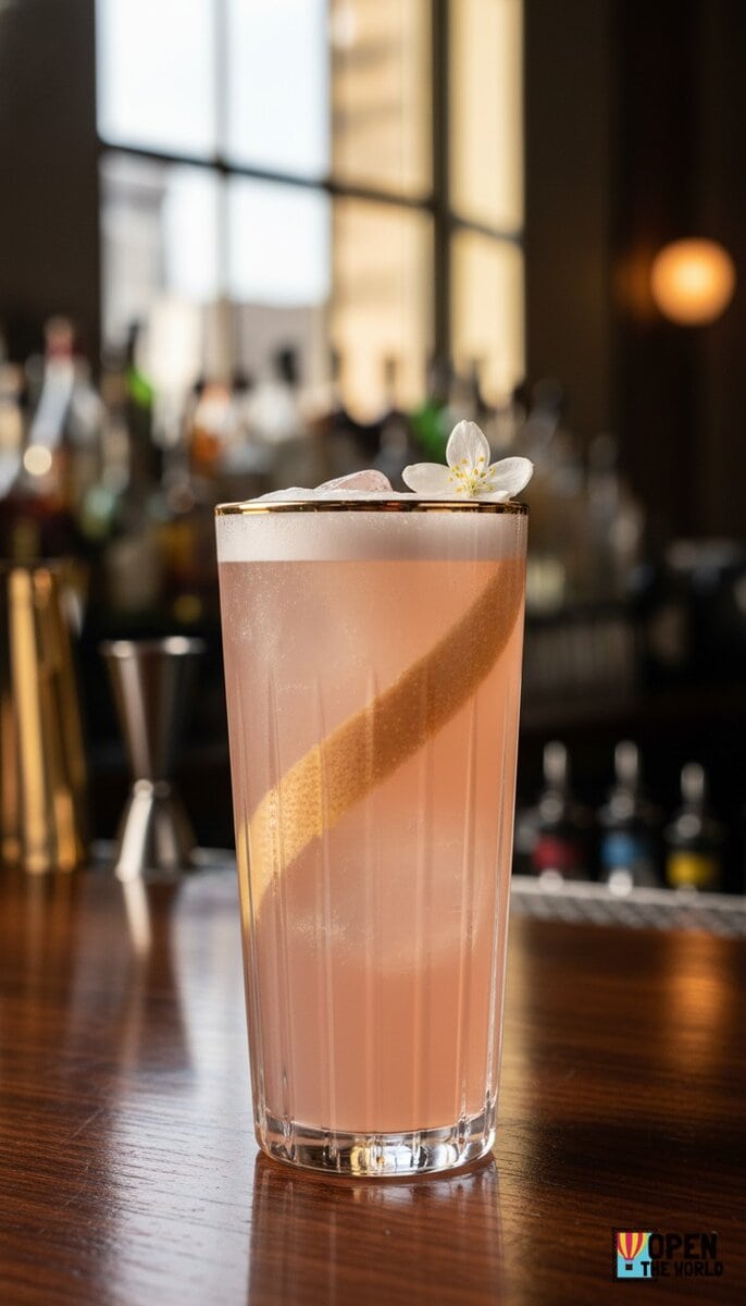 Elderflower Grapefruit Fizz displayed in a tall glass filled with ice, featuring a pale pink hue and a citrus garnish.
