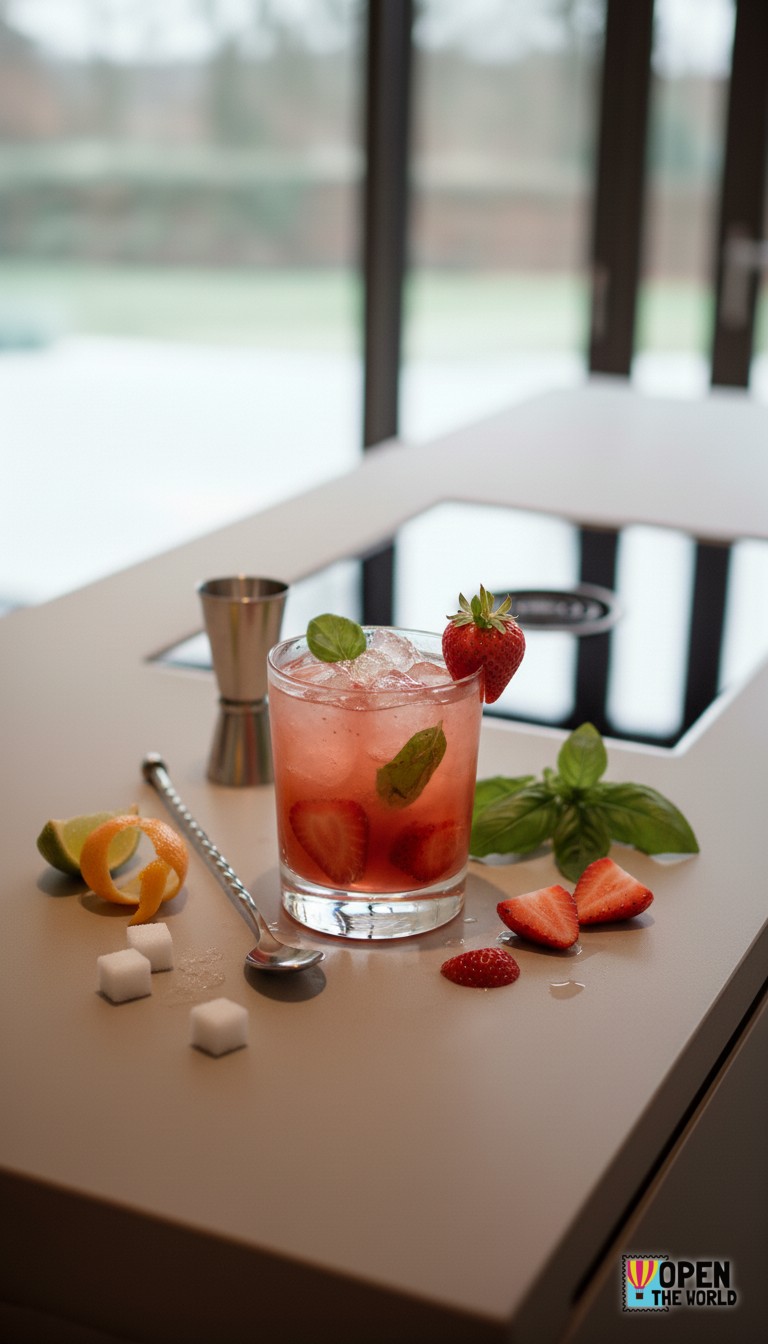 Vibrant red Strawberry Basil Smash served in a tall glass, adorned with fresh basil and bright strawberry slices.