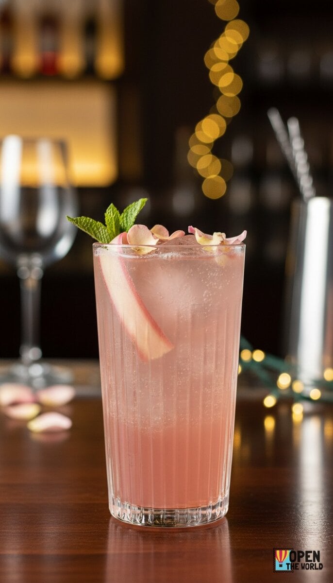 Rhubarb Rose Spritz in a tall glass, featuring a vibrant pink hue with a slice of lime on the rim.