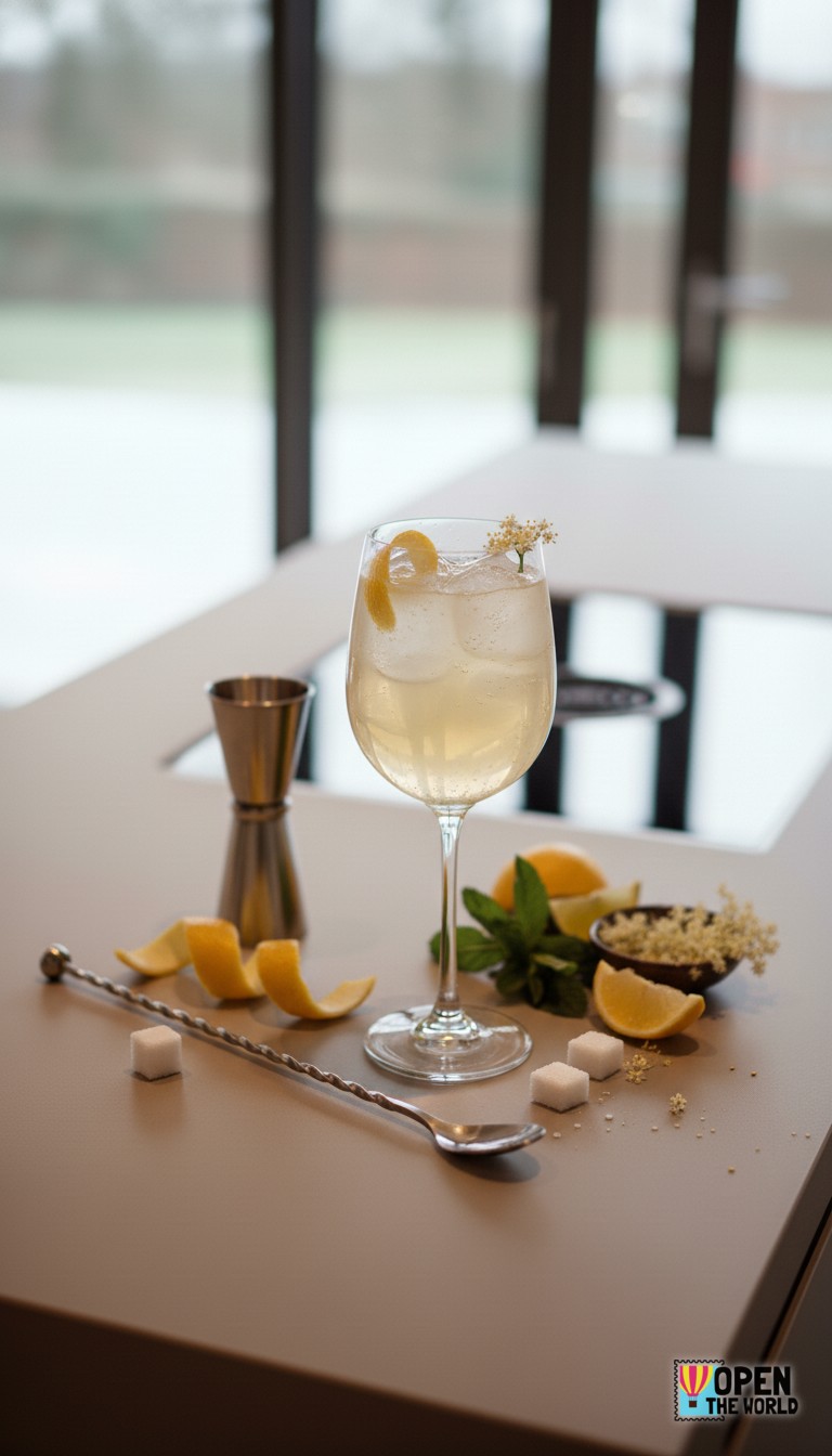 Elderflower Citrus Fizz displayed in a tall, slender glass with a light green hue and a citrus twist garnish.