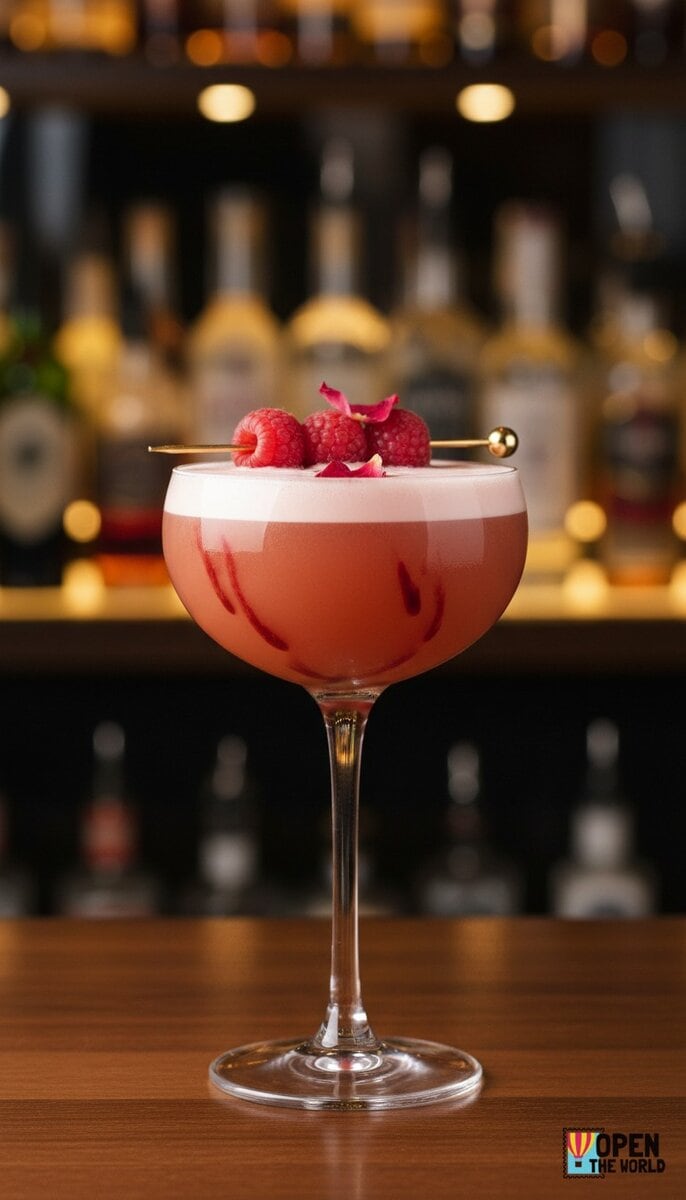 Velvet Blush cocktail in a coupe glass, showcasing a rich pink hue and garnished with a twist of lemon peel.
