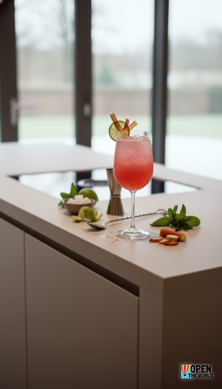 Vibrant pink Rhubarb Ginger Spritzer served in a tall glass with ice and a twist of citrus peel as garnish.