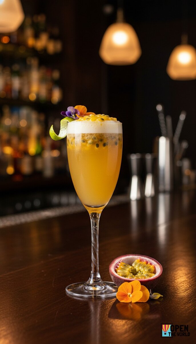 Vibrant orange Passionfruit Paradise Mimosa in a fluted glass, garnished with a slice of fresh passionfruit and a sprig of mint.