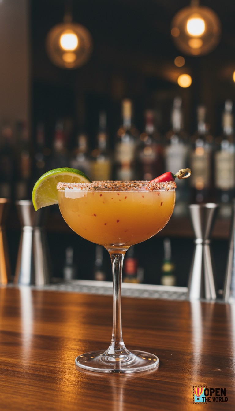 Vibrant Spicy Mango Margarita in a classic rocks glass, featuring a chili-salt rim and a slice of fresh mango on the side.