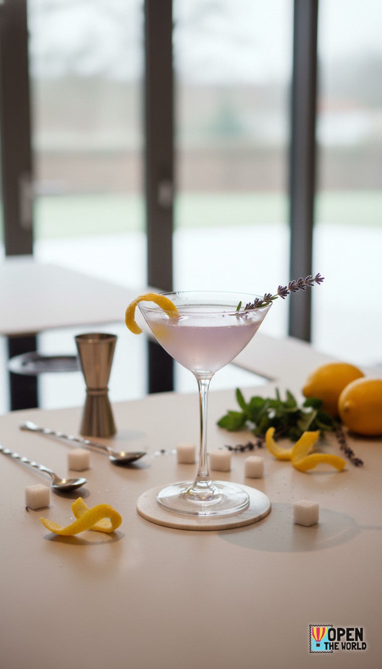Lavender Lemon Drop Martini served in a sleek martini glass, showcasing a vibrant purple hue with a lemon twist garnish.