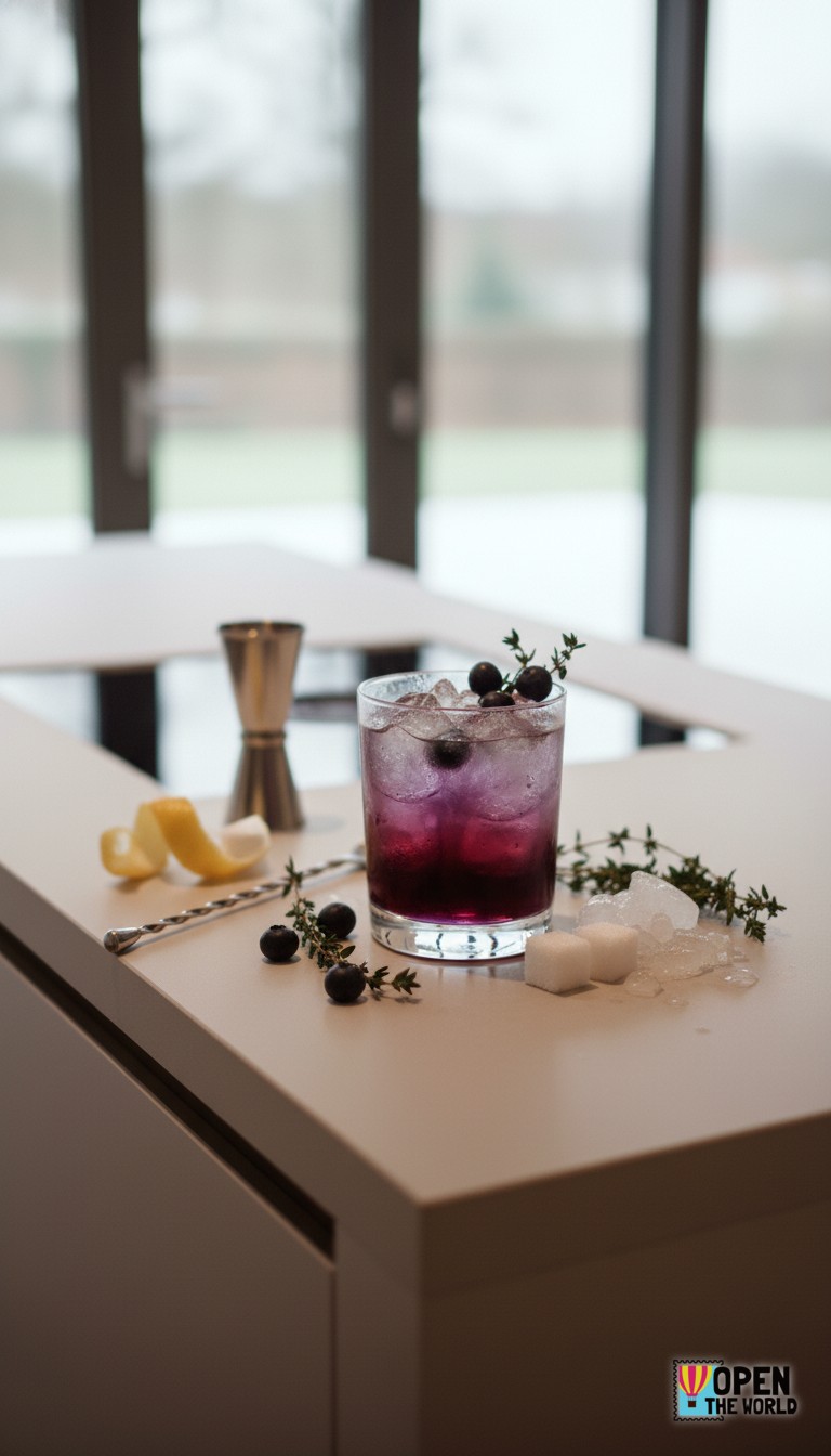 Vibrant Blueberry Thyme Bramble in a classic rocks glass, adorned with fresh blueberries and a sprig of thyme.