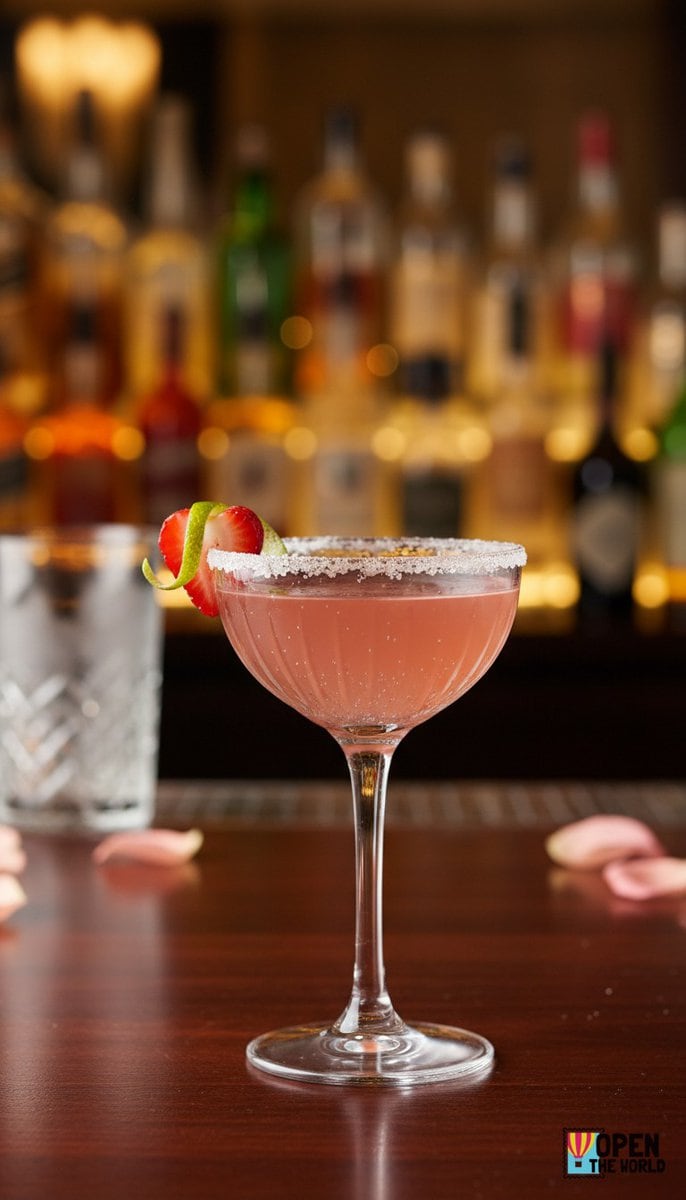 Vibrant pink Cupid's Cosmo served in a sleek martini glass garnished with a twist of lime and a floating cranberry.