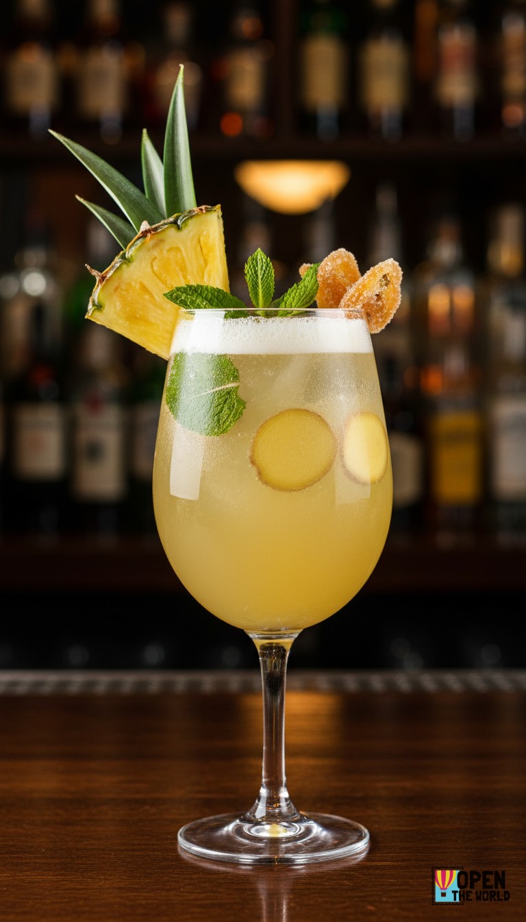 The Pineapple Ginger Spritzer is served in a tall glass filled with ice, showcasing a vibrant yellow hue and garnished with fresh mint.