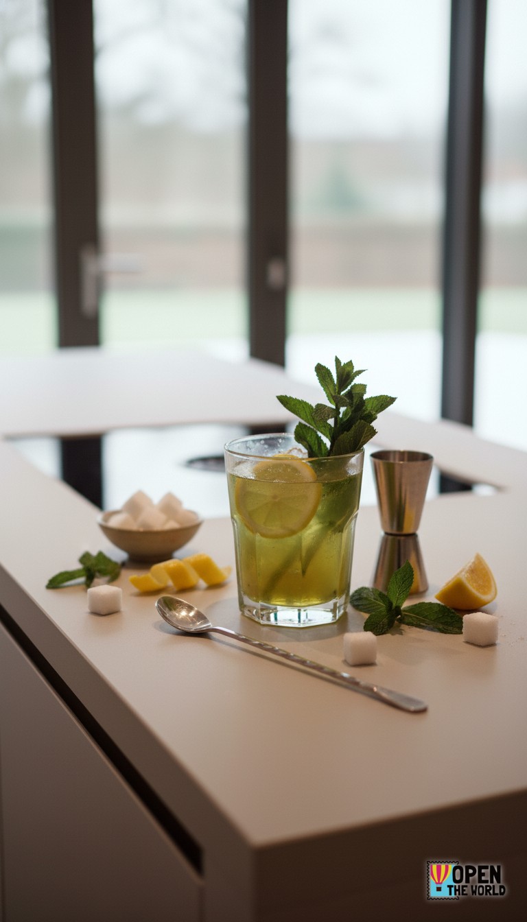 Bright green Green Tea & Honey Refresher served in a sleek highball glass with ice and a lemon twist garnish.