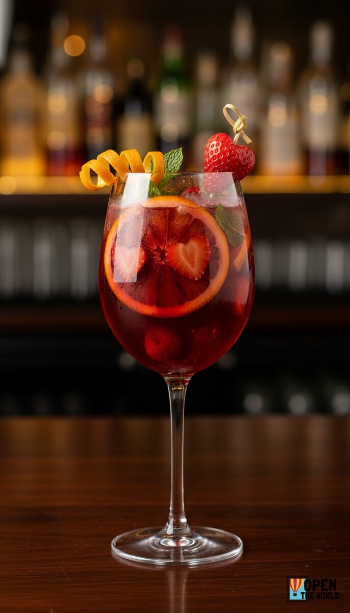 Vibrant pink Sweetheart Sangria in a tall glass, filled with ice, garnished with fresh strawberries and mint leaves.