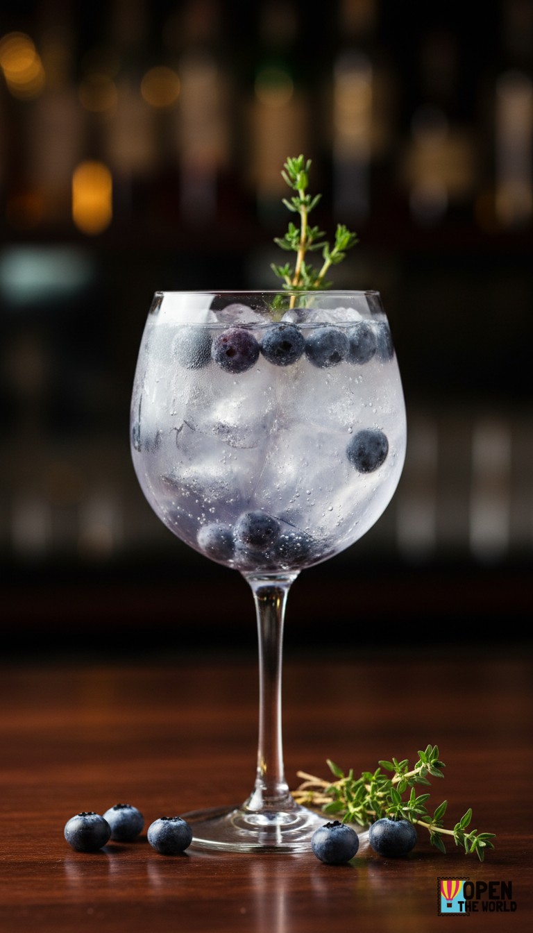 Blueberry Thyme Gin & Tonic displayed in a tall glass filled with ice, garnished with fresh blueberries and thyme sprigs.