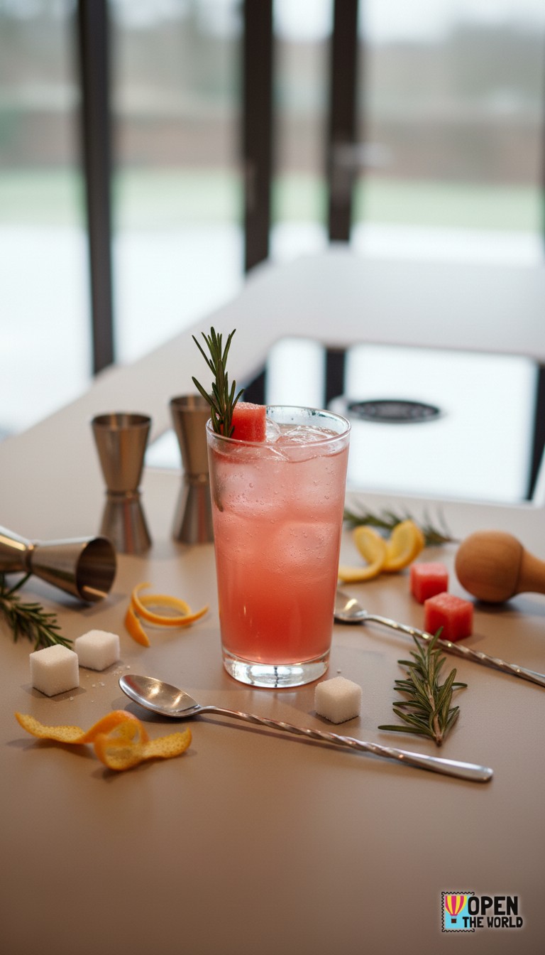 Bright pink Watermelon Rosemary Spritz served in a tall glass garnished with a sprig of rosemary and a slice of watermelon.